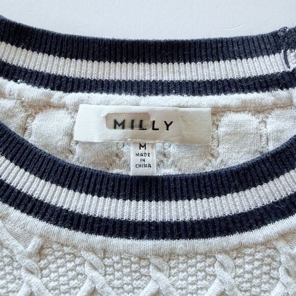 MILLY Stripe Textured Cable Stitch Crew Neck Sweater in Navy & White Size Medium - Picture 8 of 13